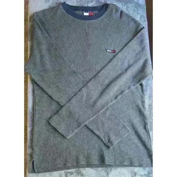 Tommy Jeans Sweater Mens Small Grey Waffle Knit Top Cotton Long Sleeve - Picture 1 of 8